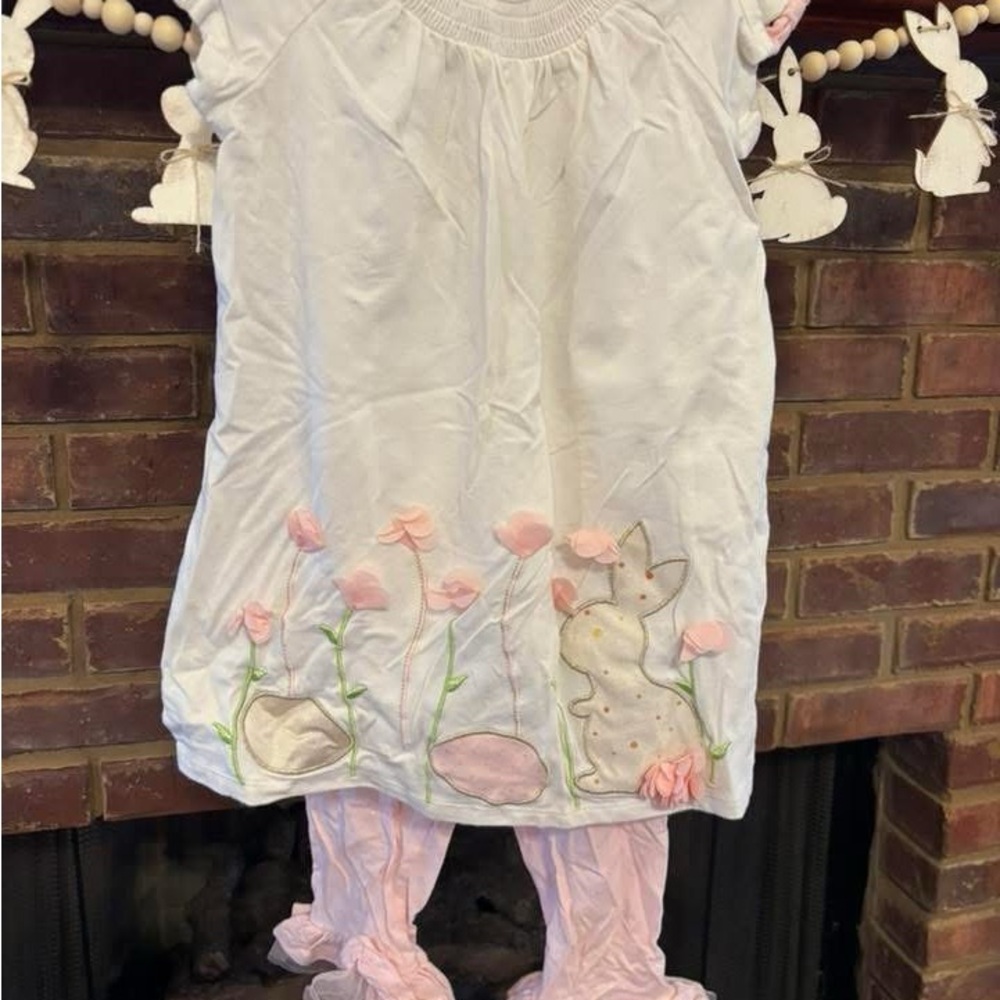 White Dress with Pink Floral and Bunny Design